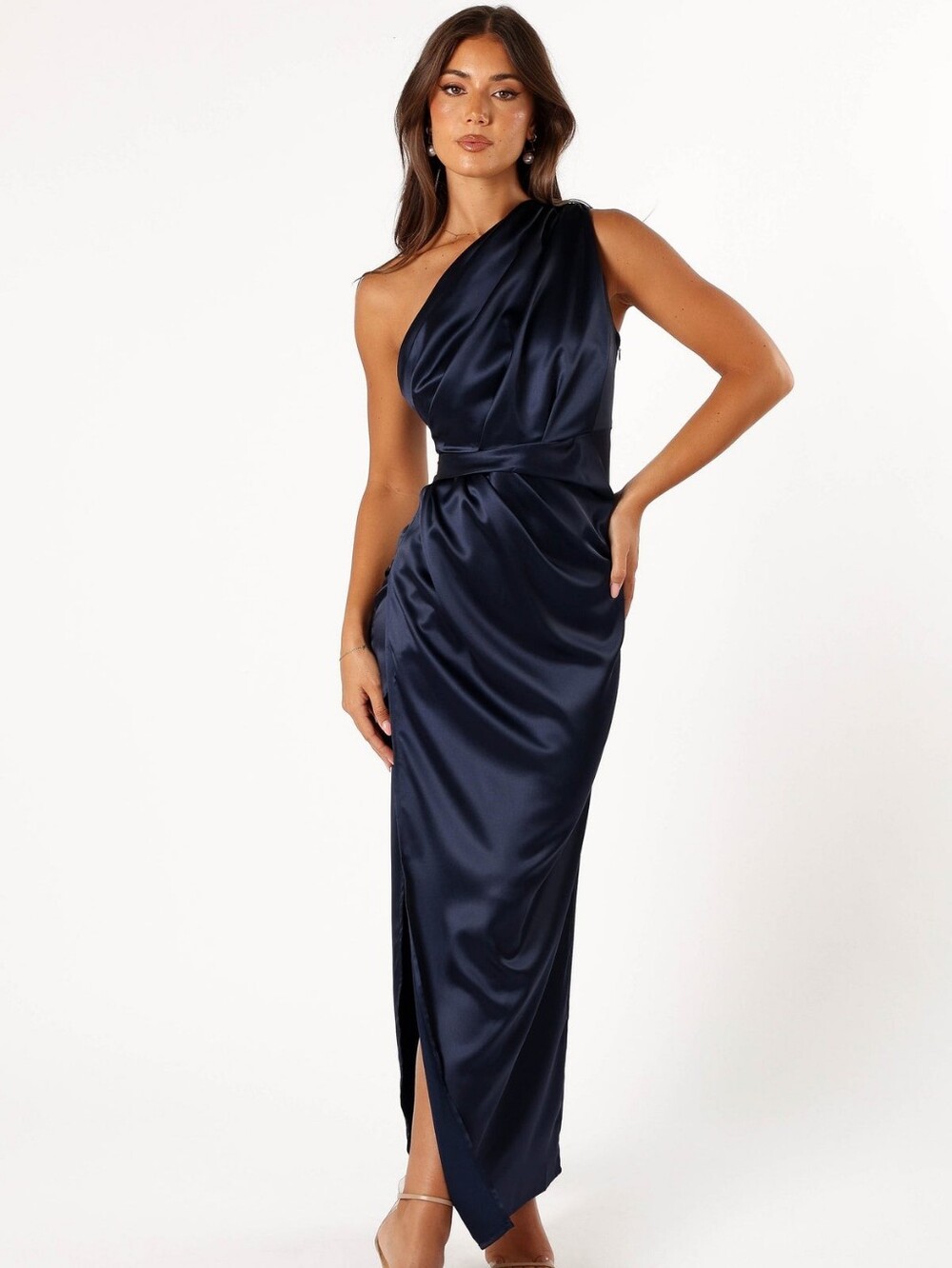 Nadia One-Shoulder Navy Satin Evening Dress
